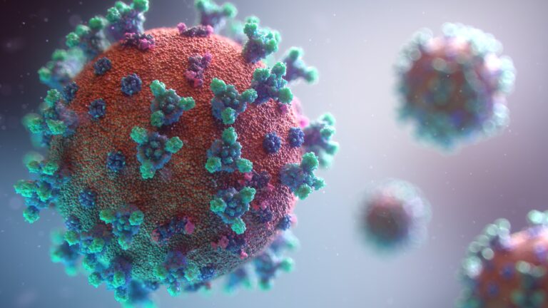 A rapid response group of coronaviruses on a dark background showcasing the speed and accuracy of lateral flow tests.